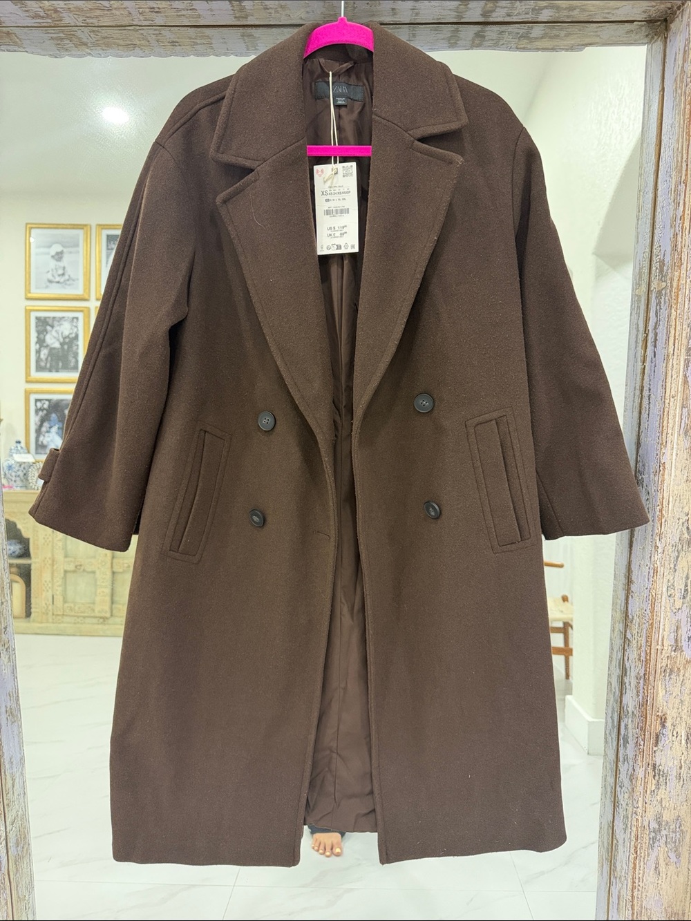 NWT Zara Dark Brown Double-Breasted Pea Coat